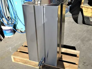 Rectangular stainless steel tank with a lower outlet fitting